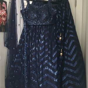 Navy Sequin Prom Dress with Sheer Dupatta